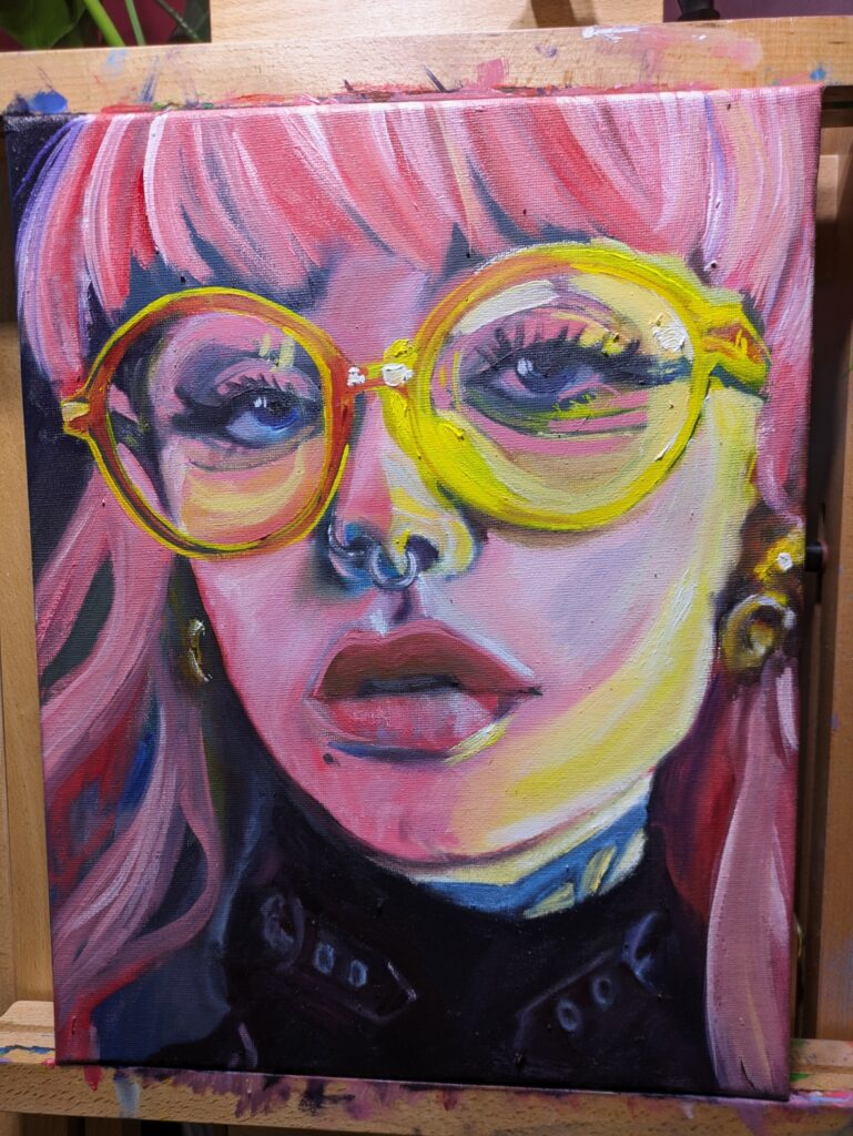 An oil paiunting of a girl wearing yeallow glasses